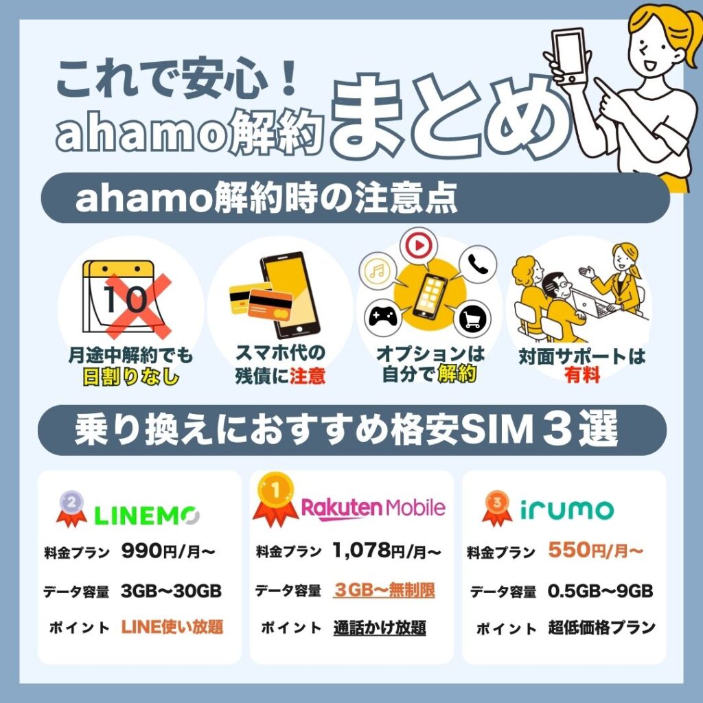 まとめ｜ahamo解約の注意点とおすすめの格安SIM